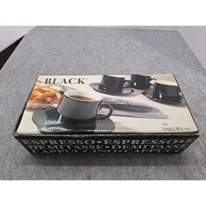 Sakura Set Of Four Black Espresso/Cappuccino Cups/Saucers Pristine, New In Box